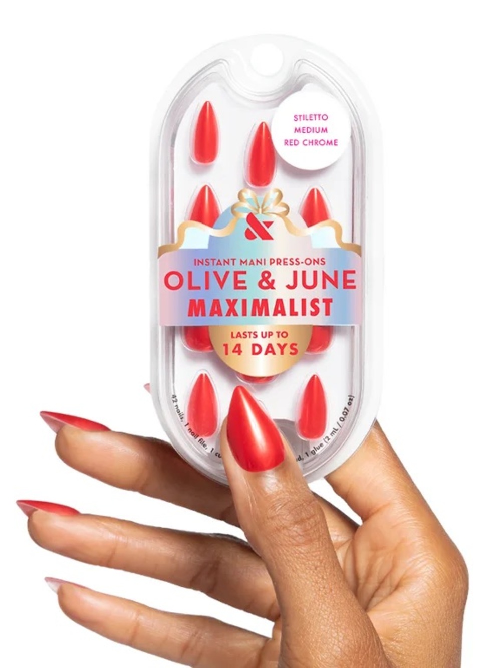 Olive & June Press On Maximalist Red Chrome, Medium Stiletto, NEW - Picture 4 of 9